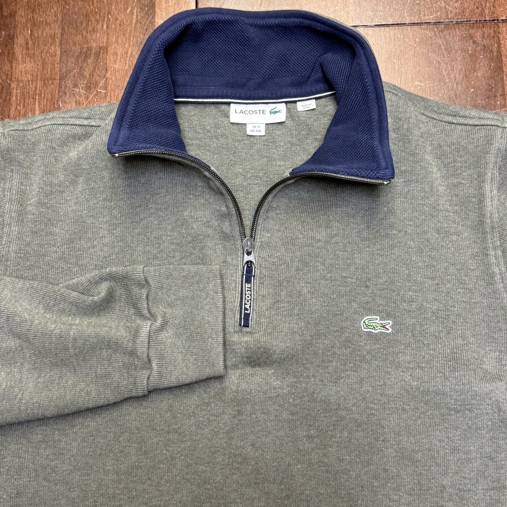 Lacoste Sweater Mens FR 7 US XXL Fits L/XL Green 1/4 Zip Pullover Cotton Ribbed